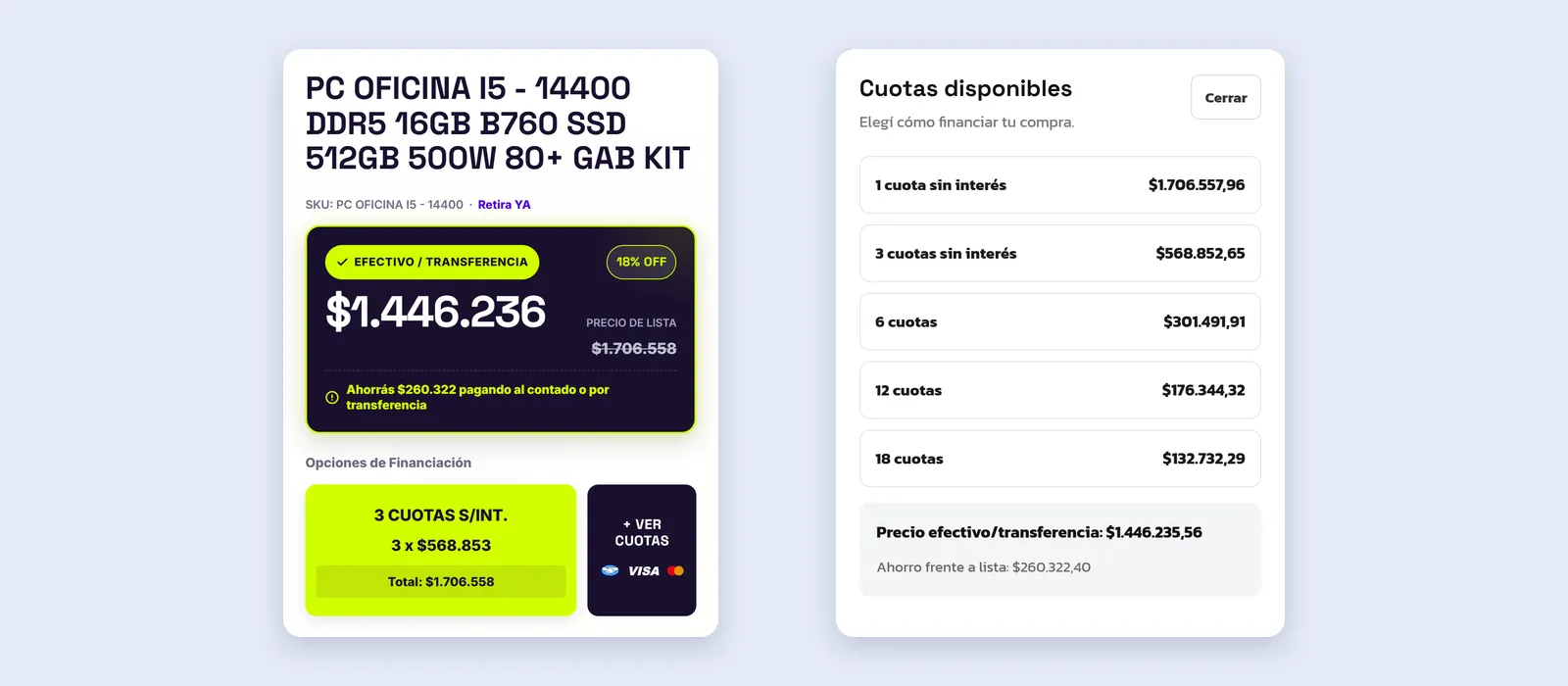 Ficha de una PC en Maxtecno con el precio, 3 cuotas sin interés y el panel Cuotas disponibles con los planes de 1 a 18 cuotas